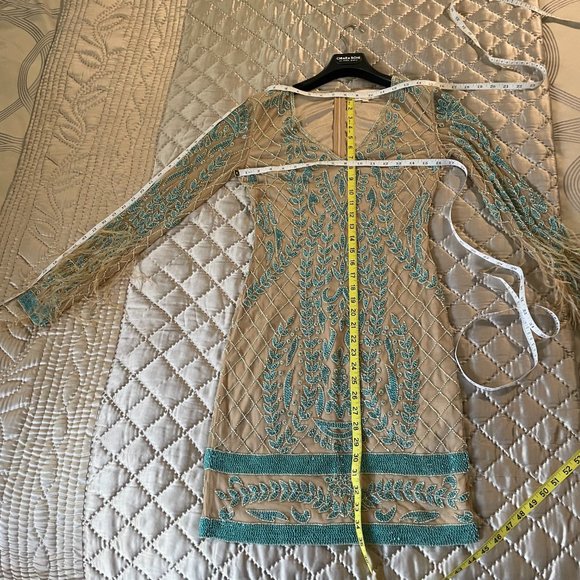 LARA {6} Dress Nude Teal Beaded Cocktail Dress Long-Sleeved - Picture 13 of 16
